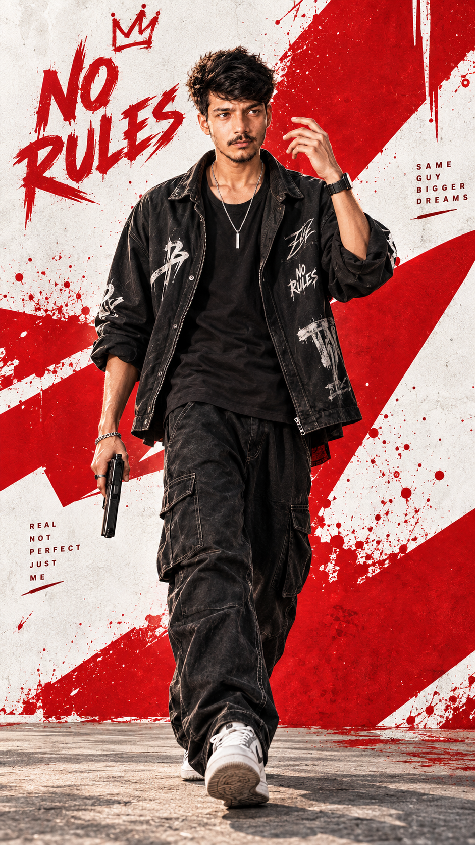 Ultra-Realistic Cinematic Full-Body Streetwear Portrait with Prop Gun