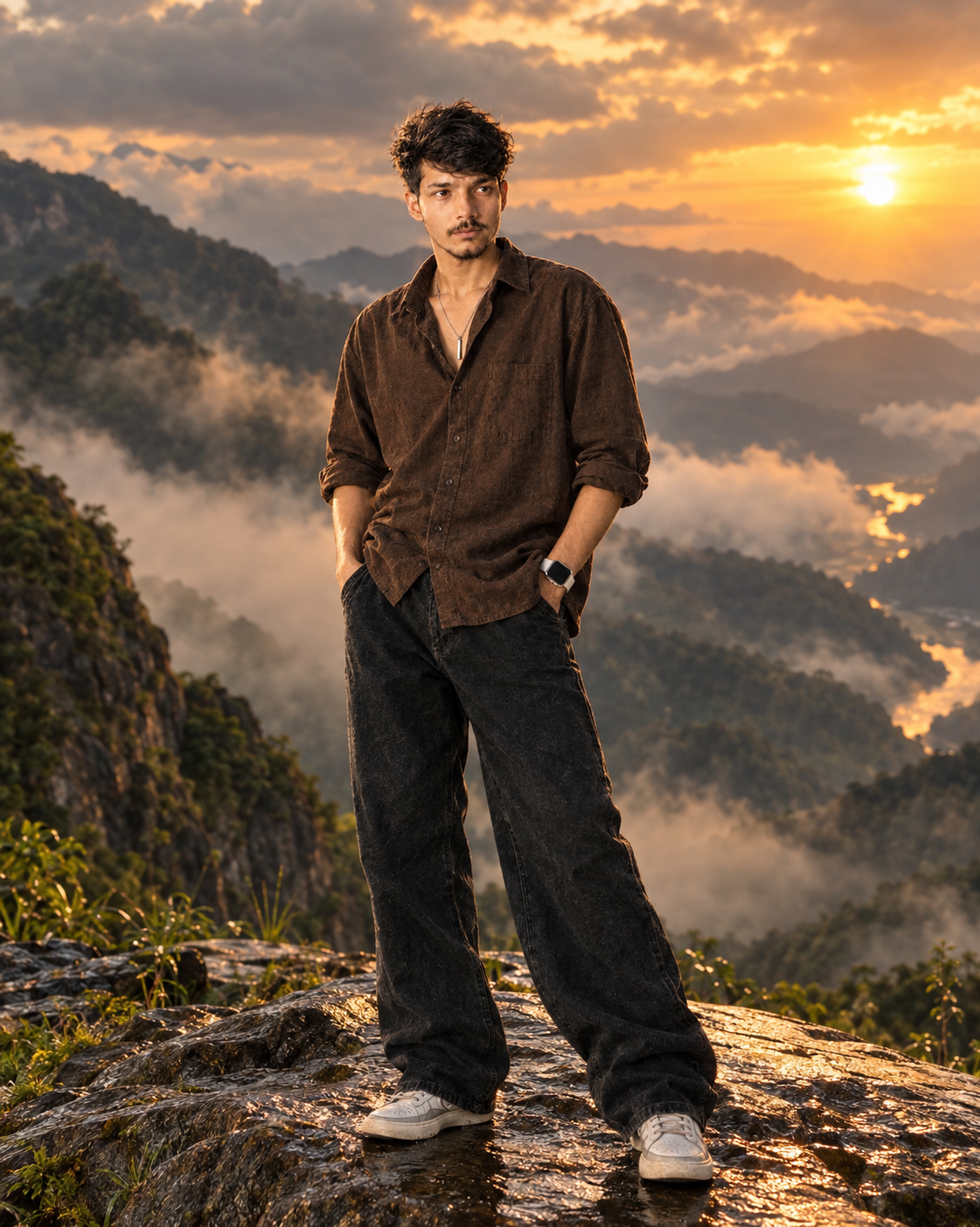 Ultra-Realistic Cinematic Portrait of Young Indian Man on Misty Rocky Mountain