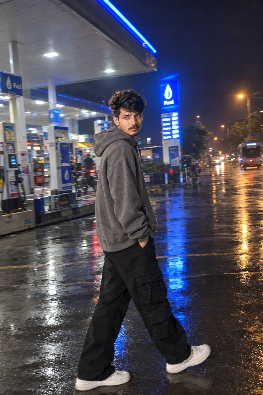 Hyperrealistic Night Shot of Young Man in Grey Hoodie at Fuel Station