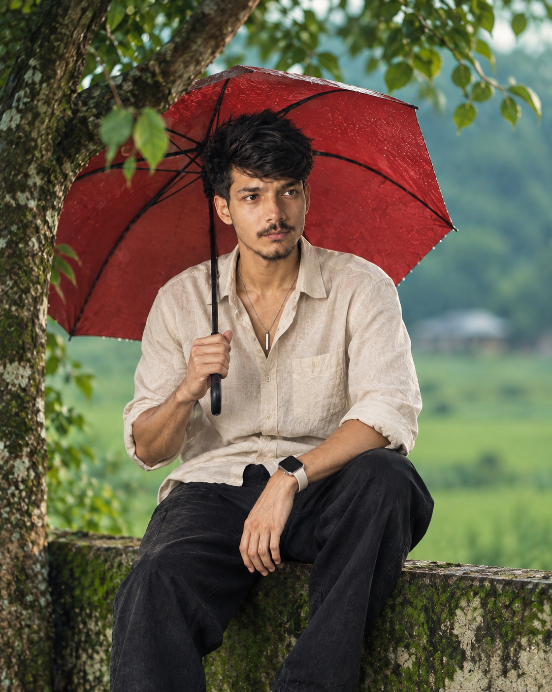 Realistic Portrait of Handsome Man with Red Umbrella on Mossy Ledge
