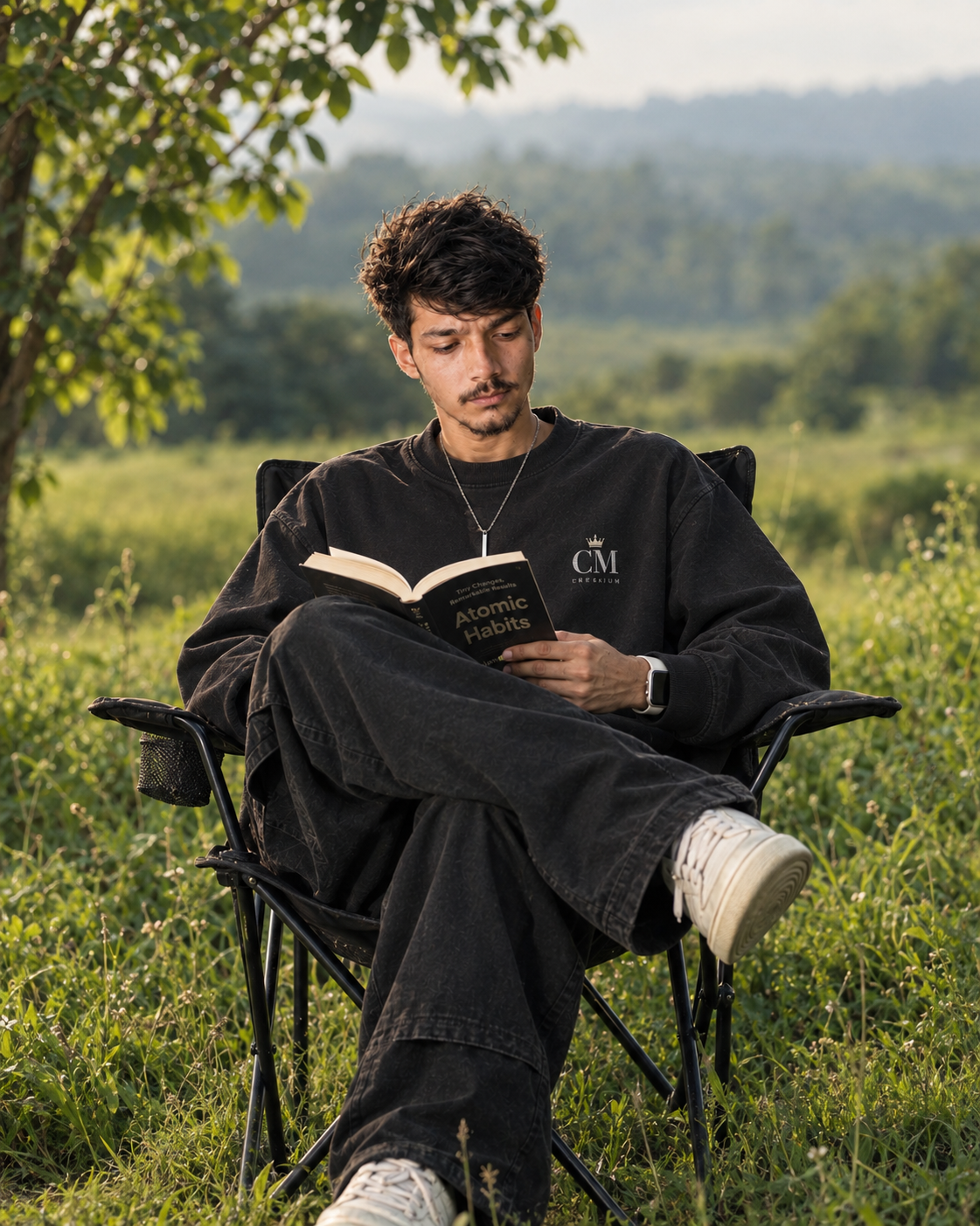 Ultra-Realistic Cinematic Outdoor Portrait: South Asian Man Reading
