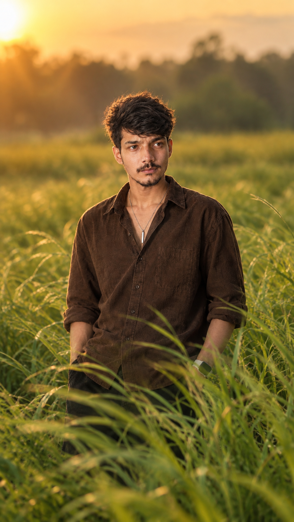 Cinematic Vertical Portrait of Subject in Lush Green Grass Field