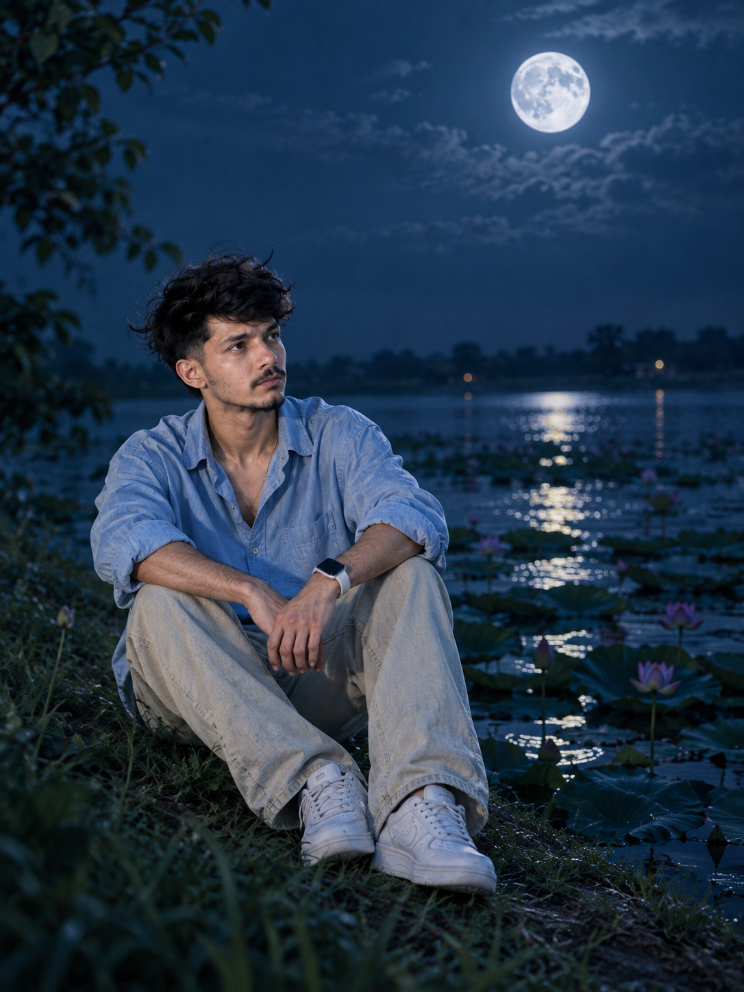 Cinematic Night Portrait of Young Man by Lotus Lake under Full Moon