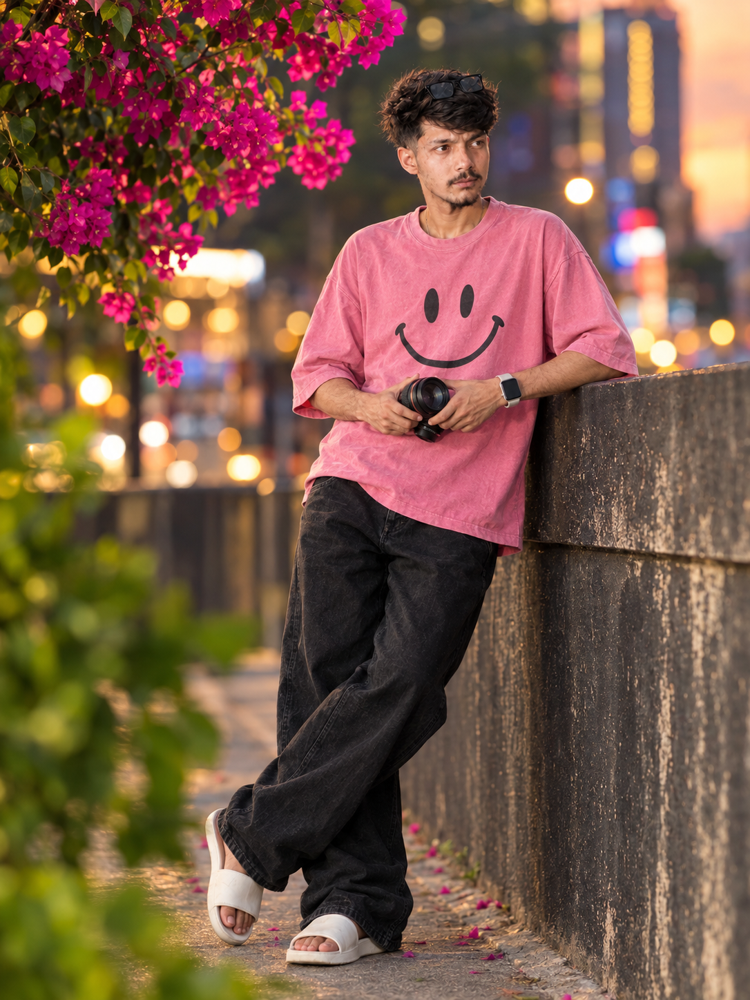 Ultra-Realistic 8K Portrait of Handsome Boy in Pink Emoji Tee & City Lights