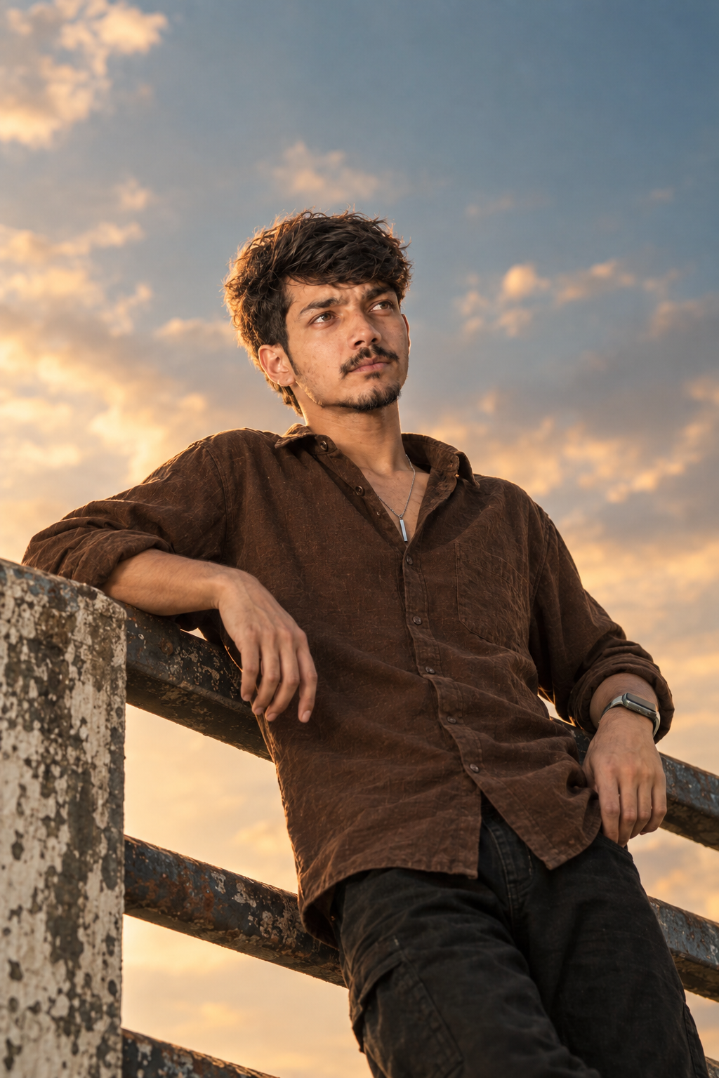 Cinematic Low-Angle Portrait of a Contemplative Man – 50mm Lens