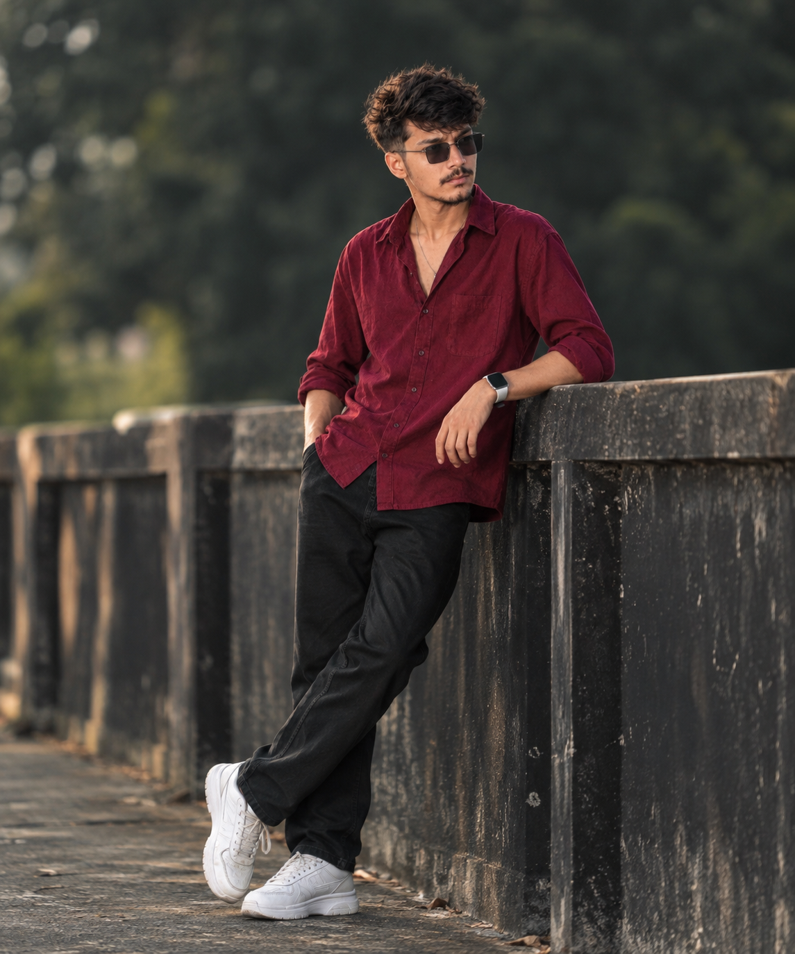 DSLR Outdoor Portrait Prompt – Maroon Shirt & Square Sunglasses