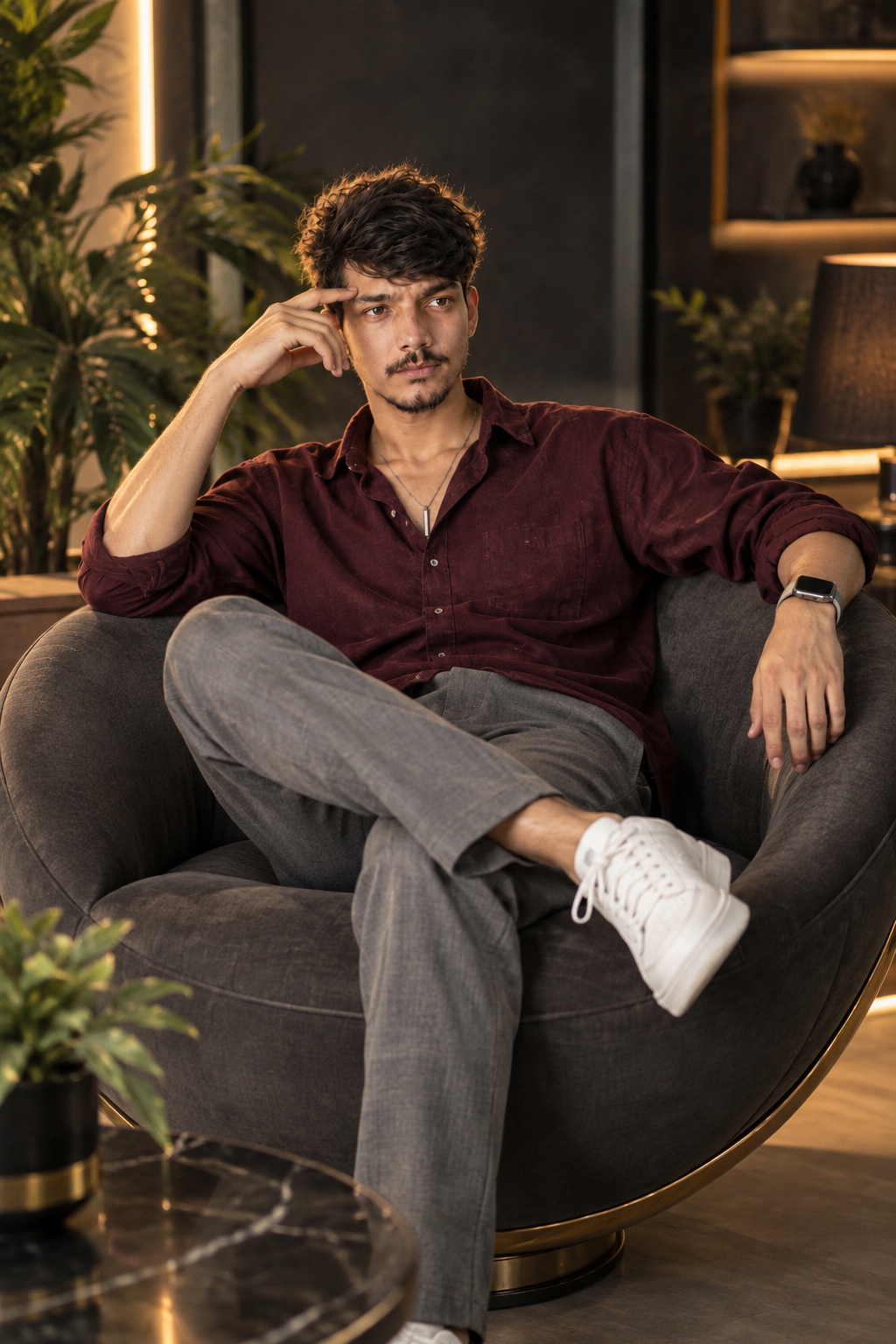 Realistic Cinematic Portrait of Man in Luxury Chair, Burgundy Shirt