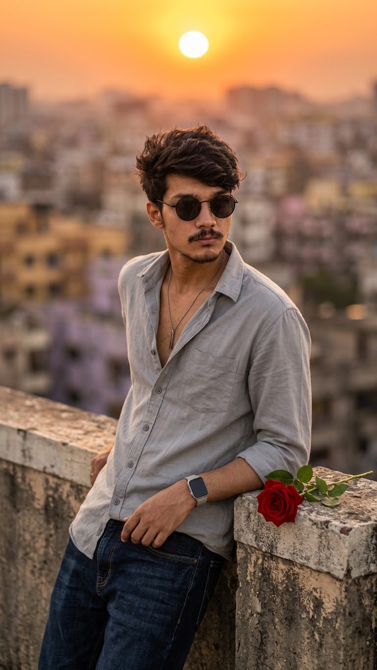 Cinematic Rooftop Portrait of South Asian Man with Red Rose at Sunset