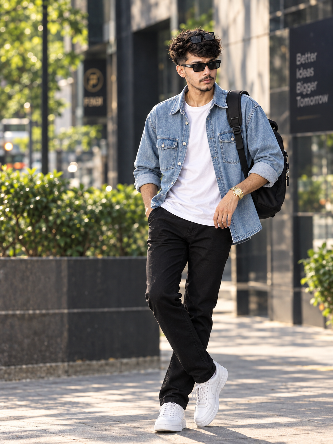 Streetwear Portrait of Stylish Man in Denim Jacket & Fendi Sunglasses