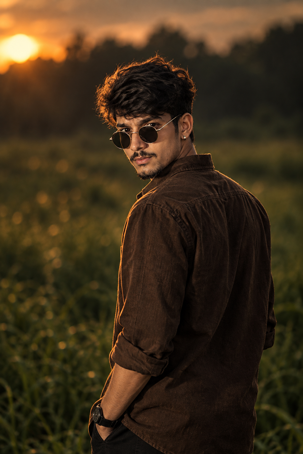 Cinematic Dark Editorial Portrait of a Young Man with Metal Sunglasses