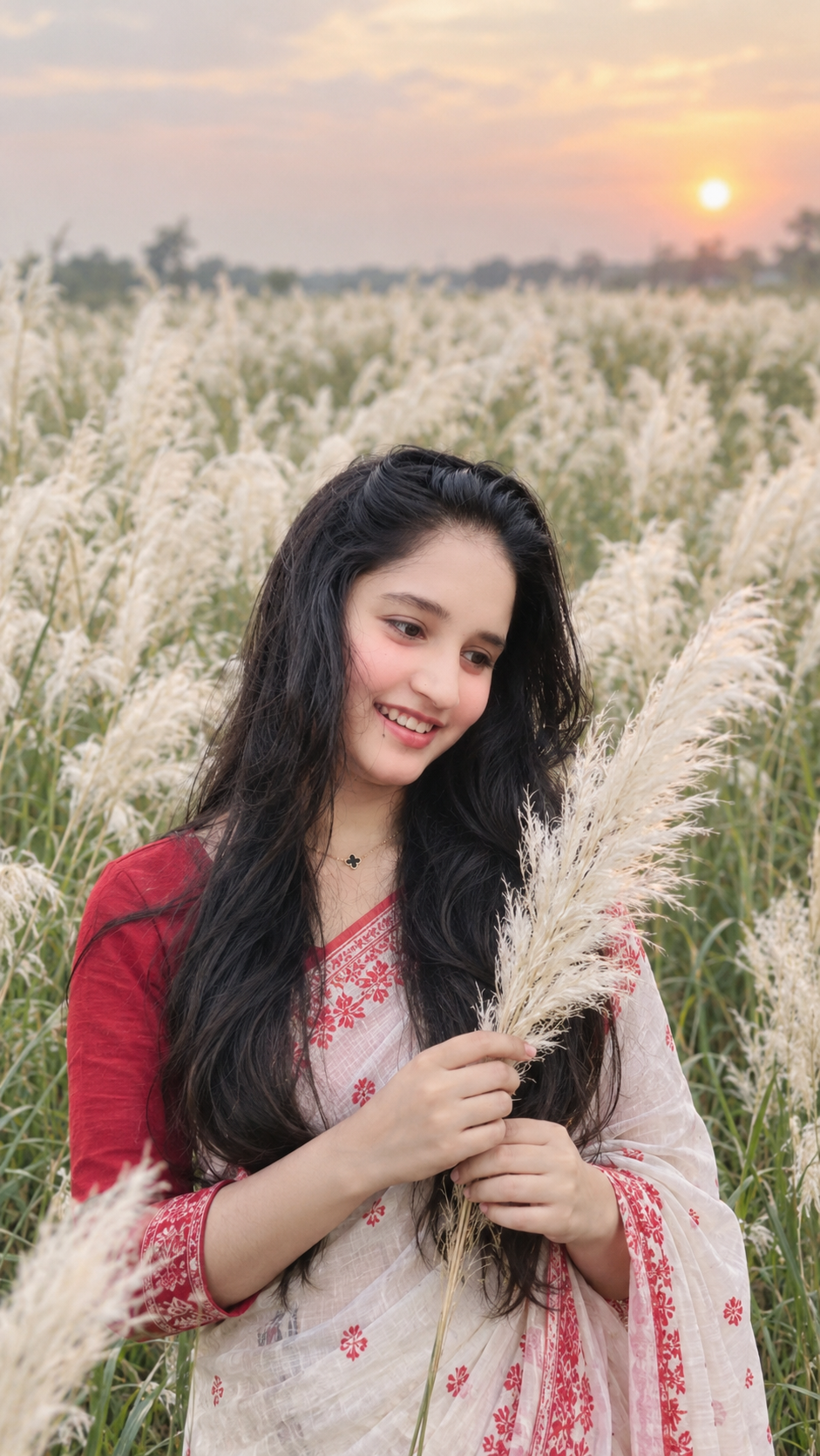 Photorealistic South Asian Woman in White Pampas Grass Holding Feather