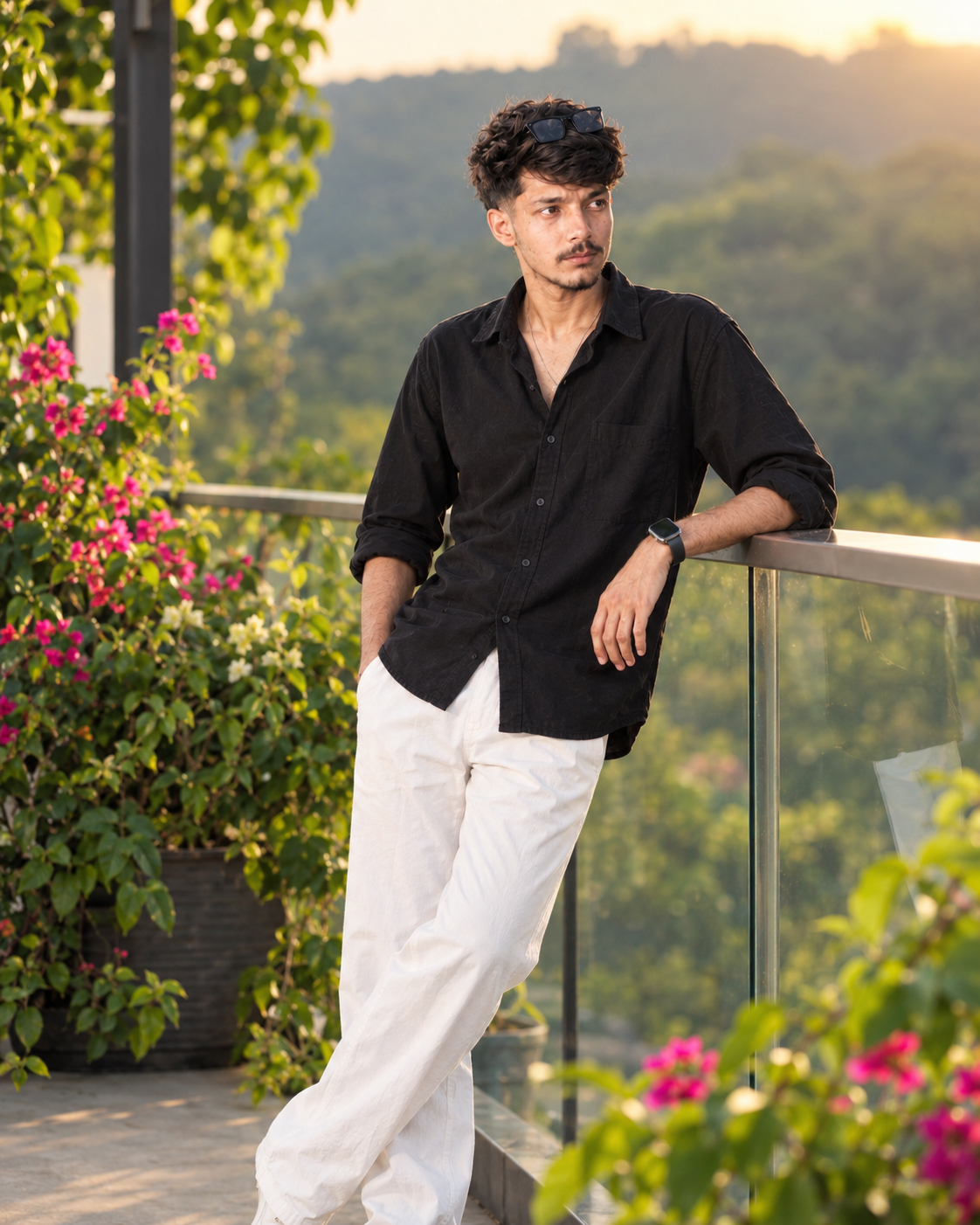 Realistic Outdoor Portrait Prompt – Green Balcony, Golden Sunlight
