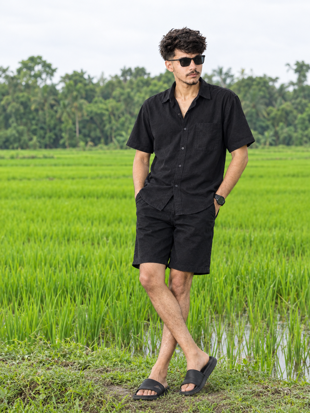 Photorealistic Portrait of Stylish Young Man in Green Rice Paddy Field