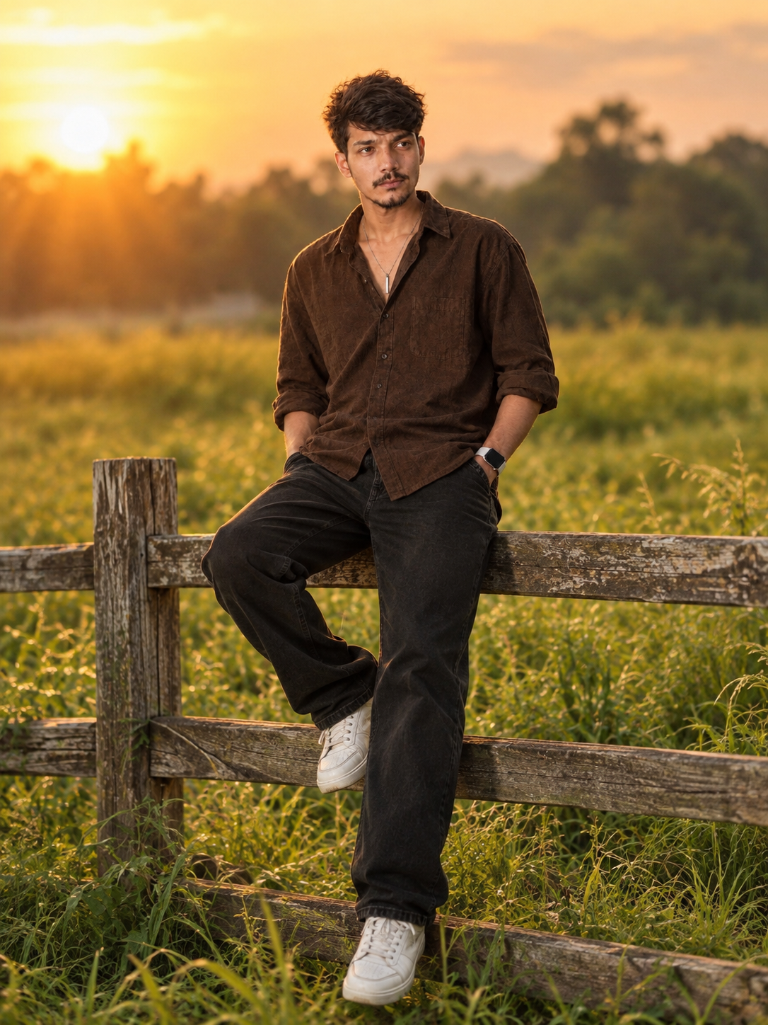 Ultra-Realistic Golden Hour Portrait of Young Man on Rustic Fence