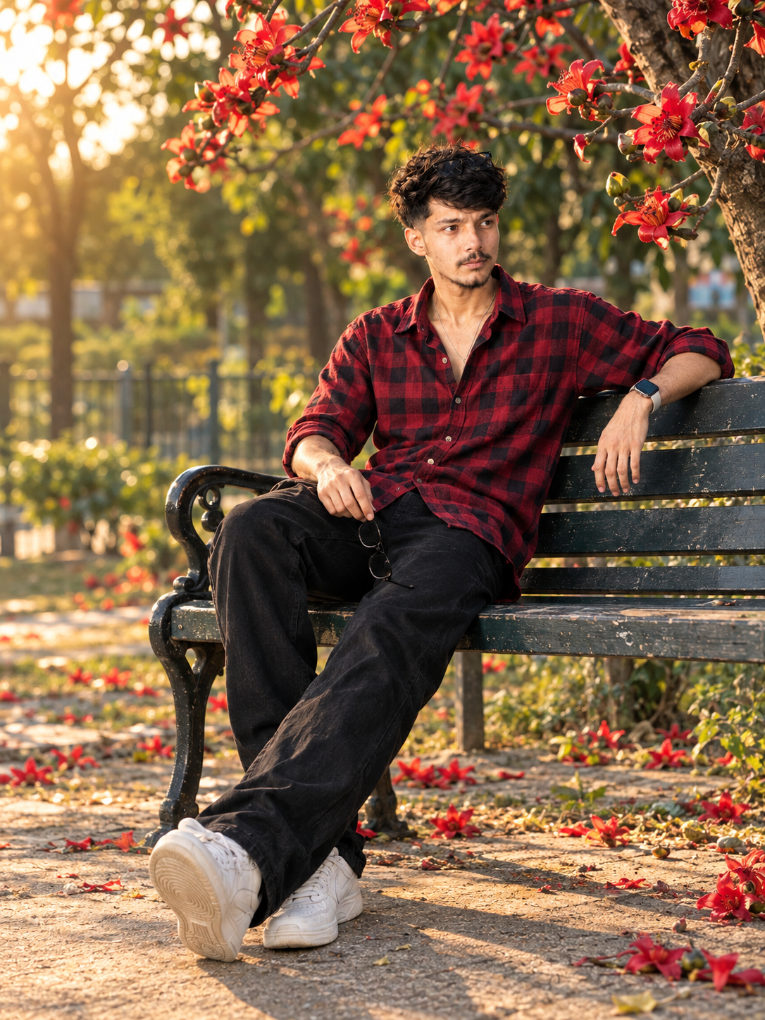 8K Ultra-Realistic Asian Man on Park Bench with Bombax Flowers