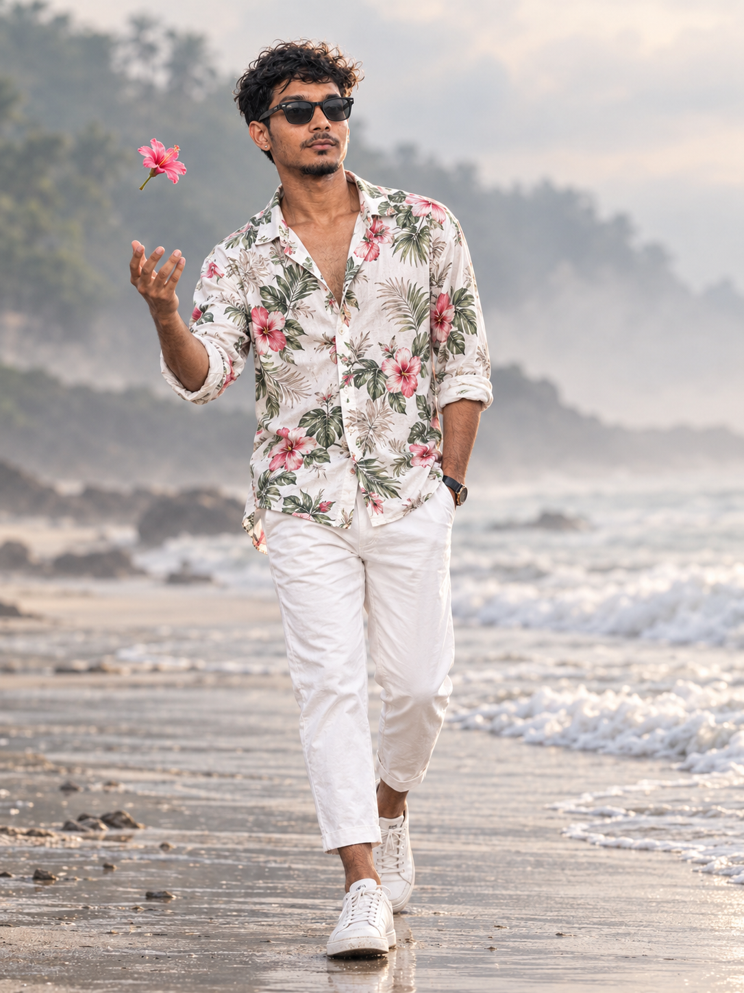 Ultra-Realistic 8K Portrait of Stylish South Indian Man on Misty Beach