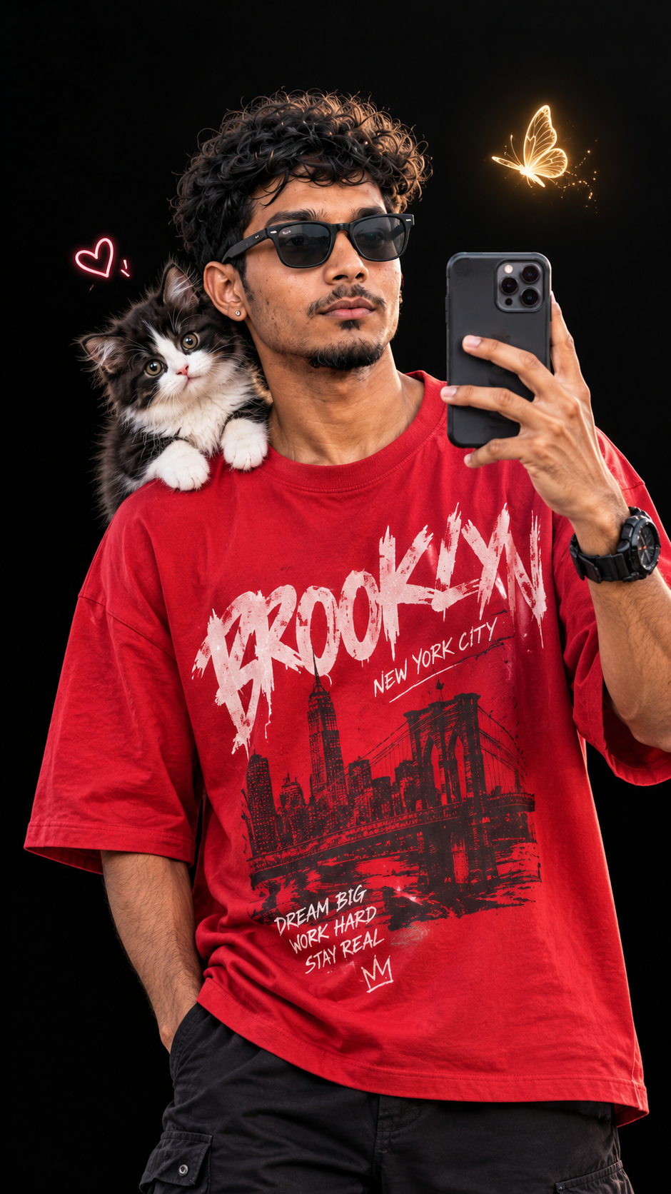 Ultra-Realistic Portrait with Red Graphic Tee, Smartphone Selfie & Cute Kitten