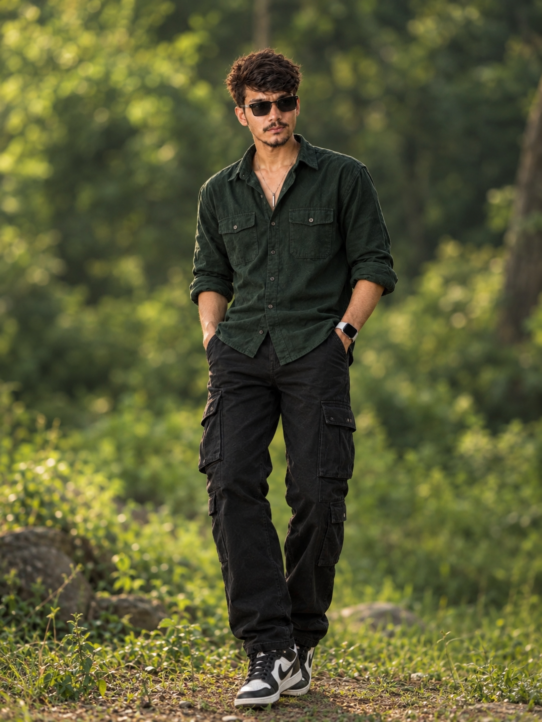 Stylish Young Man in Forest Green Shirt with Black Cargo Pants