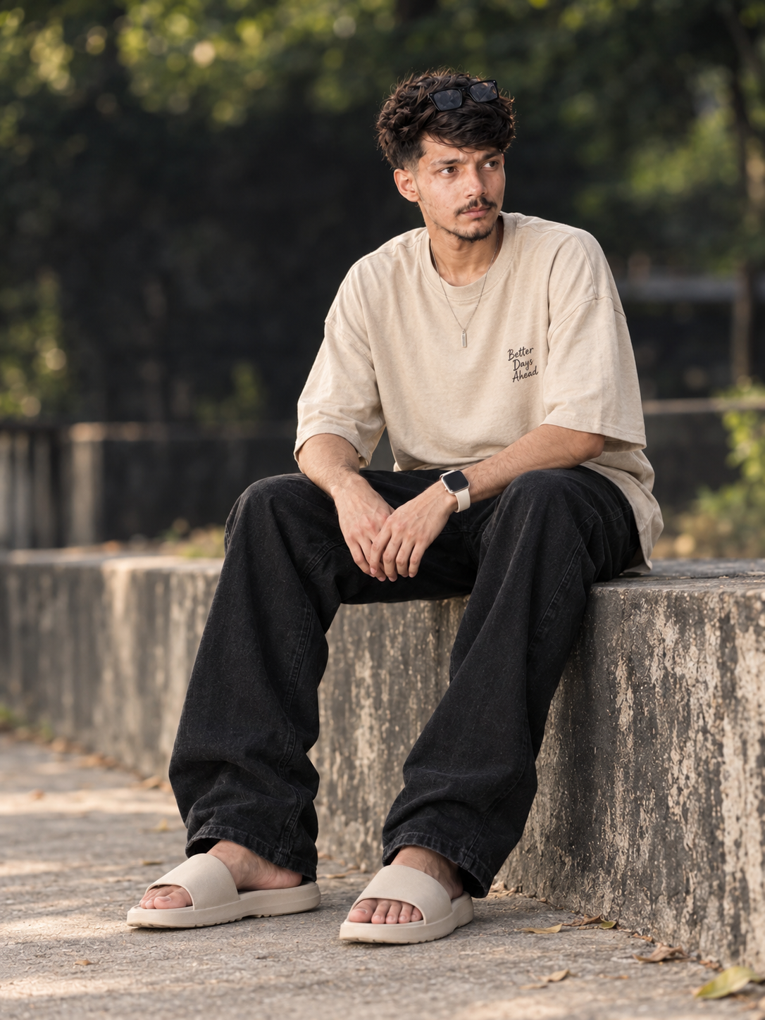 8K Hyper-Realistic Full-Body Portrait of Young Indian Man on Concrete Ledge