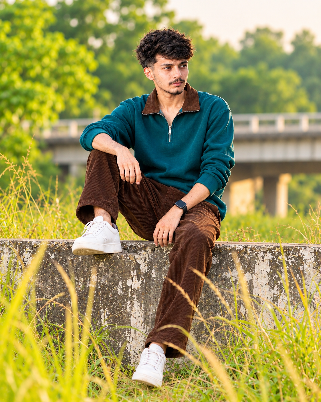 Handsome Young Man on Concrete Wall – Teal Sweatshirt, Golden Hour Photo